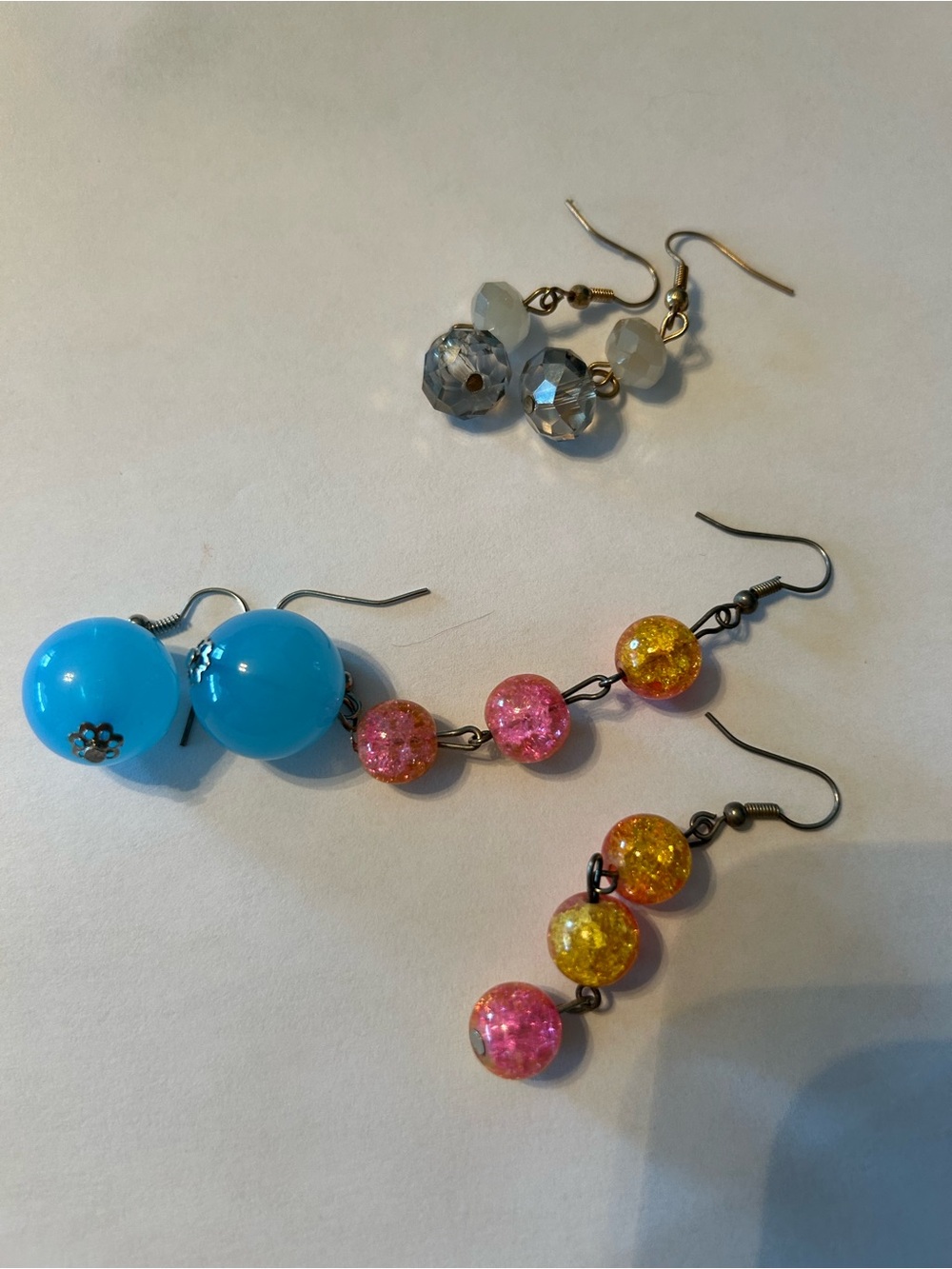 Colorful Beaded Earring Trio - Blue, Pink & Yellow, Clear Crystal